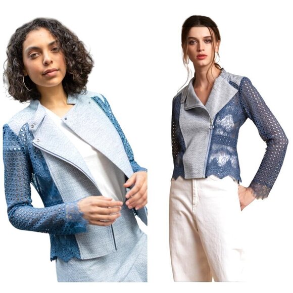 Chelsea And Walker Jacket Women‎ 4 Blue Crochet Lace Mario Denim Jacket Preppy - Picture 1 of 11